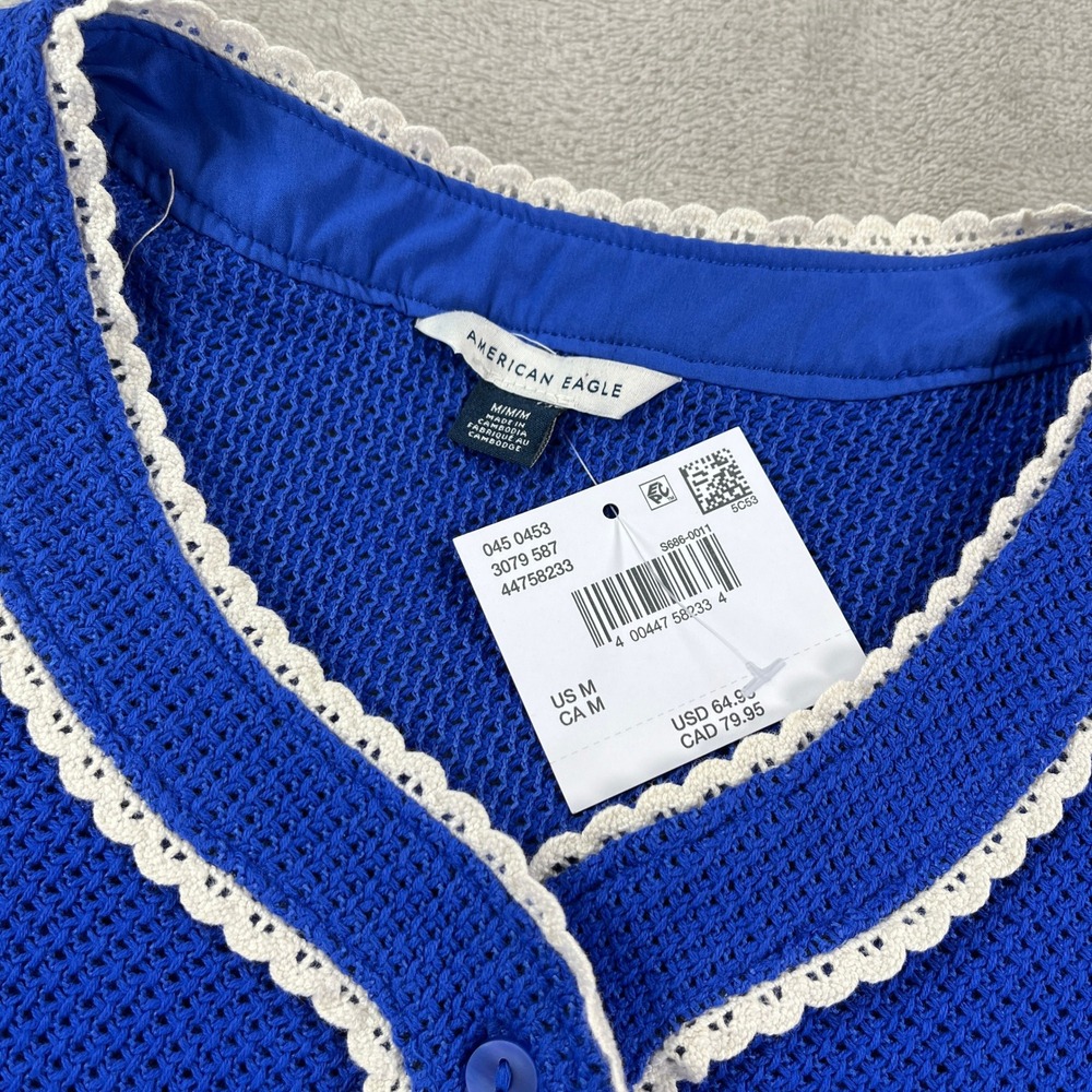 American Eagle Baseball Top M Blue NEW Crochet Lace Trim Jersey 77 Sporty - Picture 5 of 11
